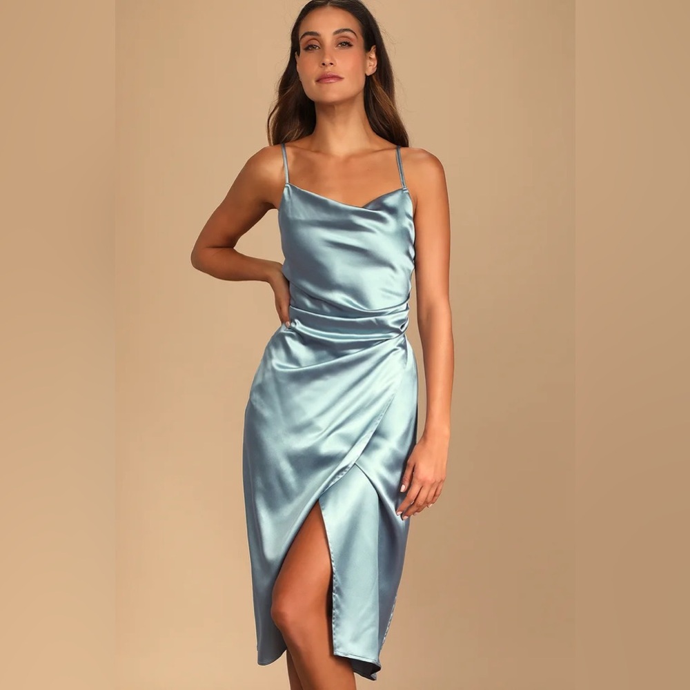 Lulus Hollywood Woman Dusty Blue Satin Midi Dress